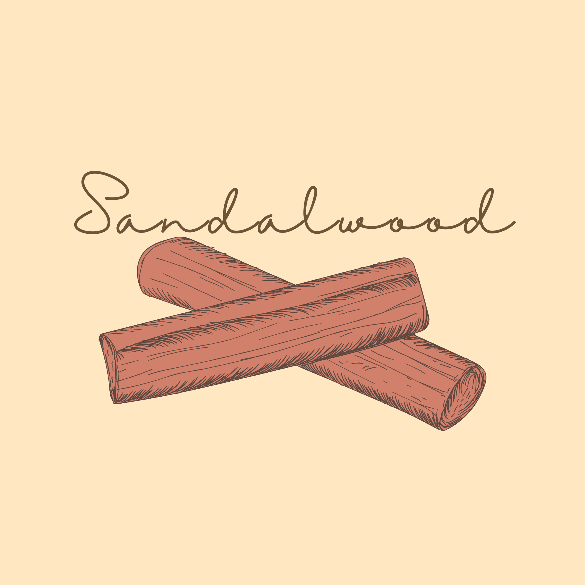 Two sandalwood sticks with the word 'Sandalwood' written above on a beige background